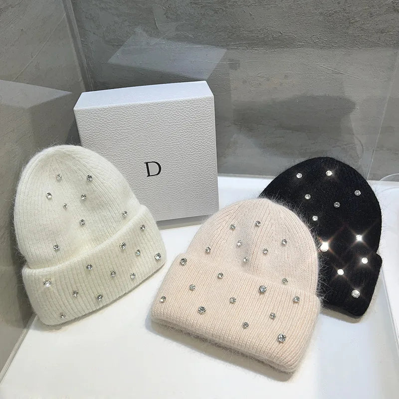 Rhinestone Knitted Fur Hat