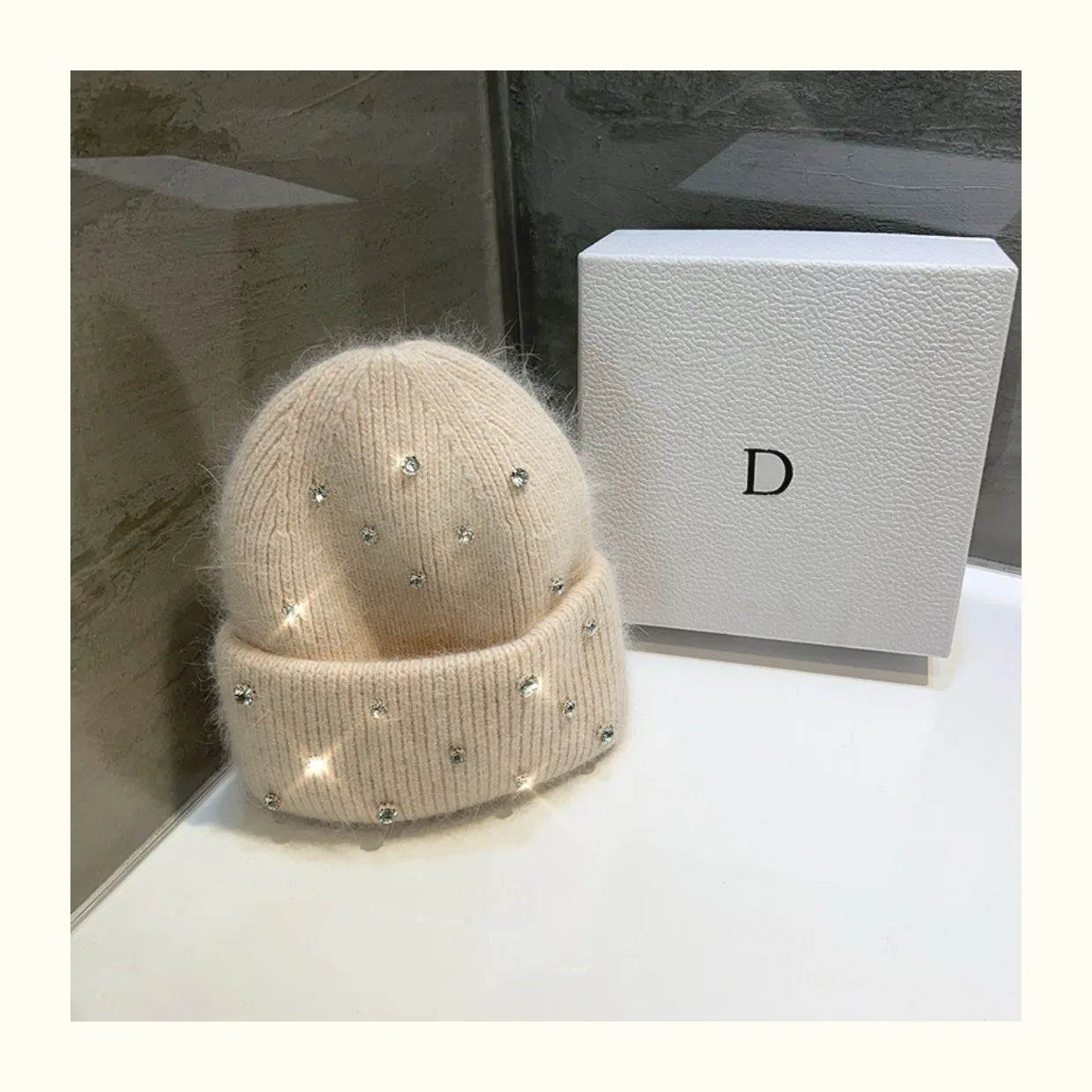 Rhinestone Knitted Fur Hat