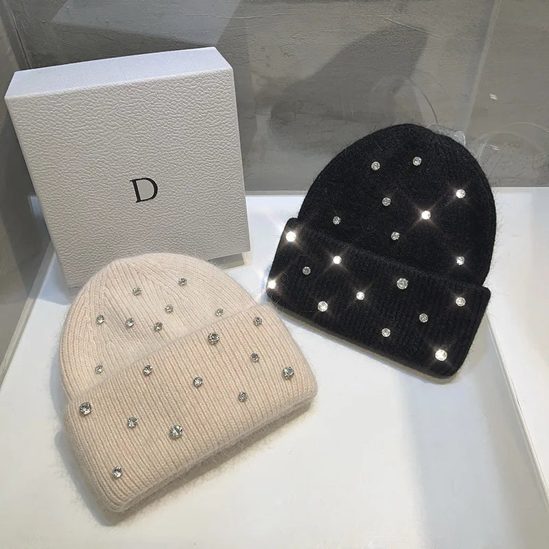 Rhinestone Knitted Fur Hat