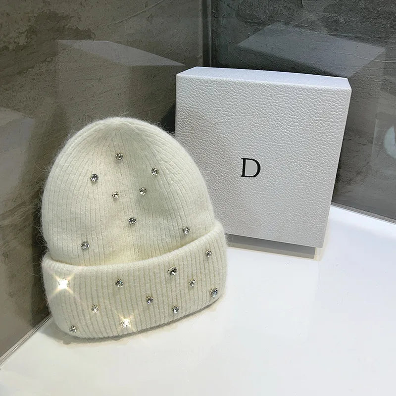 Rhinestone Knitted Fur Hat