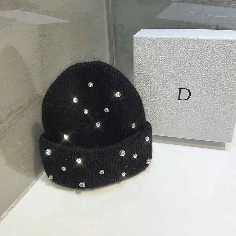 Rhinestone Knitted Fur Hat