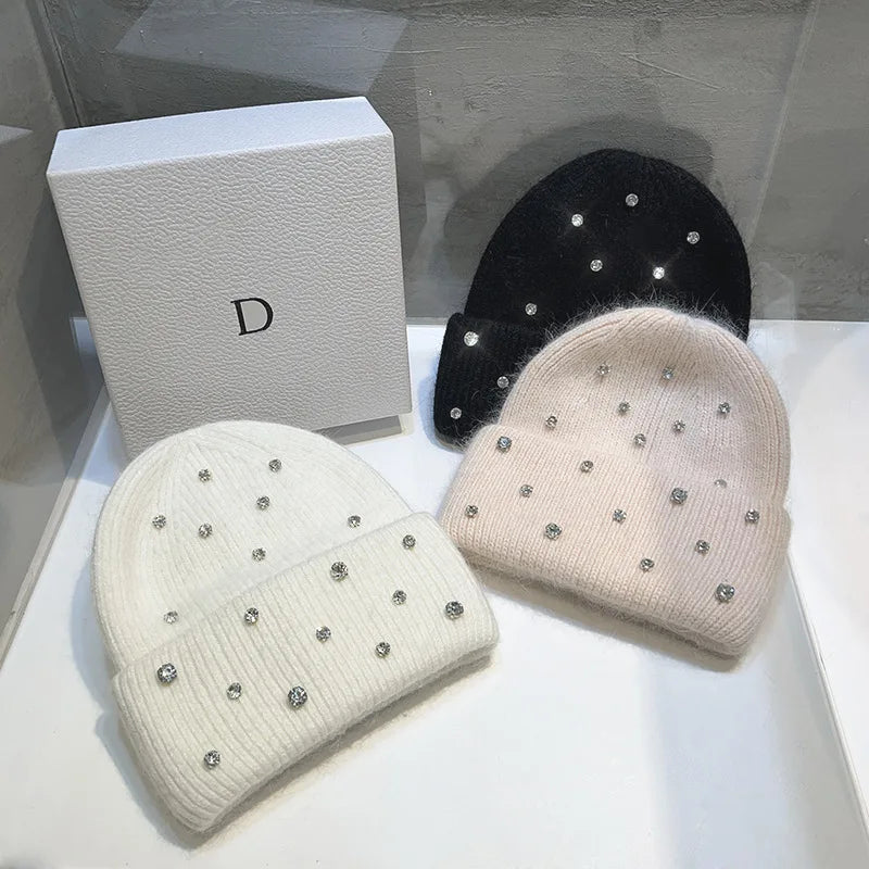 Rhinestone Knitted Fur Hat