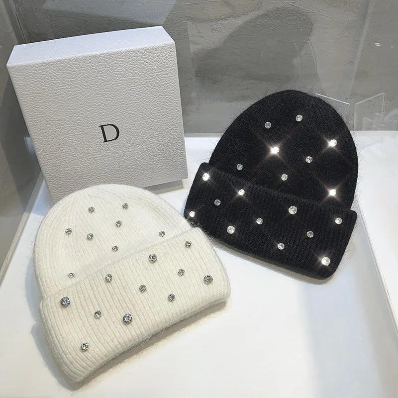 Rhinestone Knitted Fur Hat