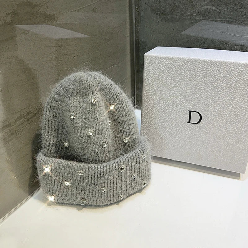 Rhinestone Knitted Fur Hat