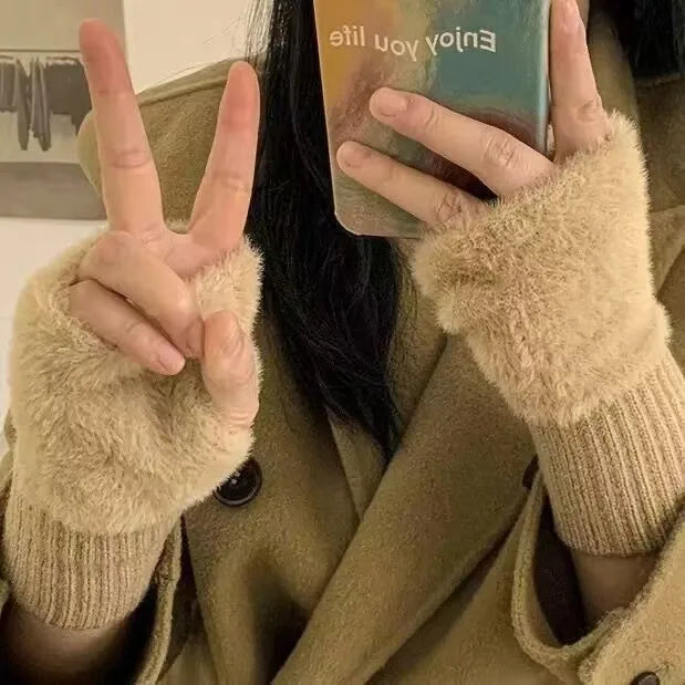 Plush Half-Finger Office Gloves