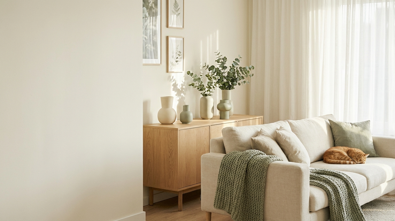 Cozy cream and sage living room — Cleora everyday essentials