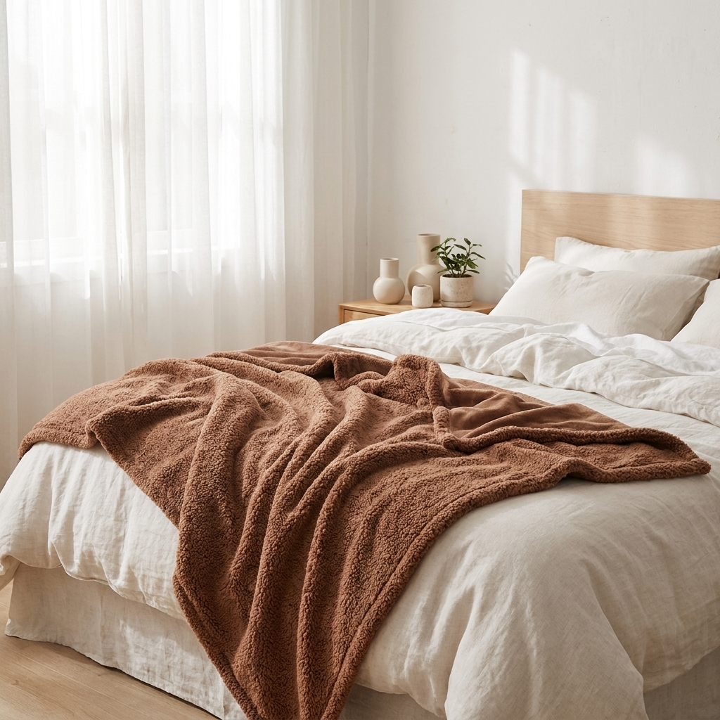 Cooling summer blanket draped on a linen bed