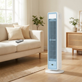 Portable tower fan in a bright living room