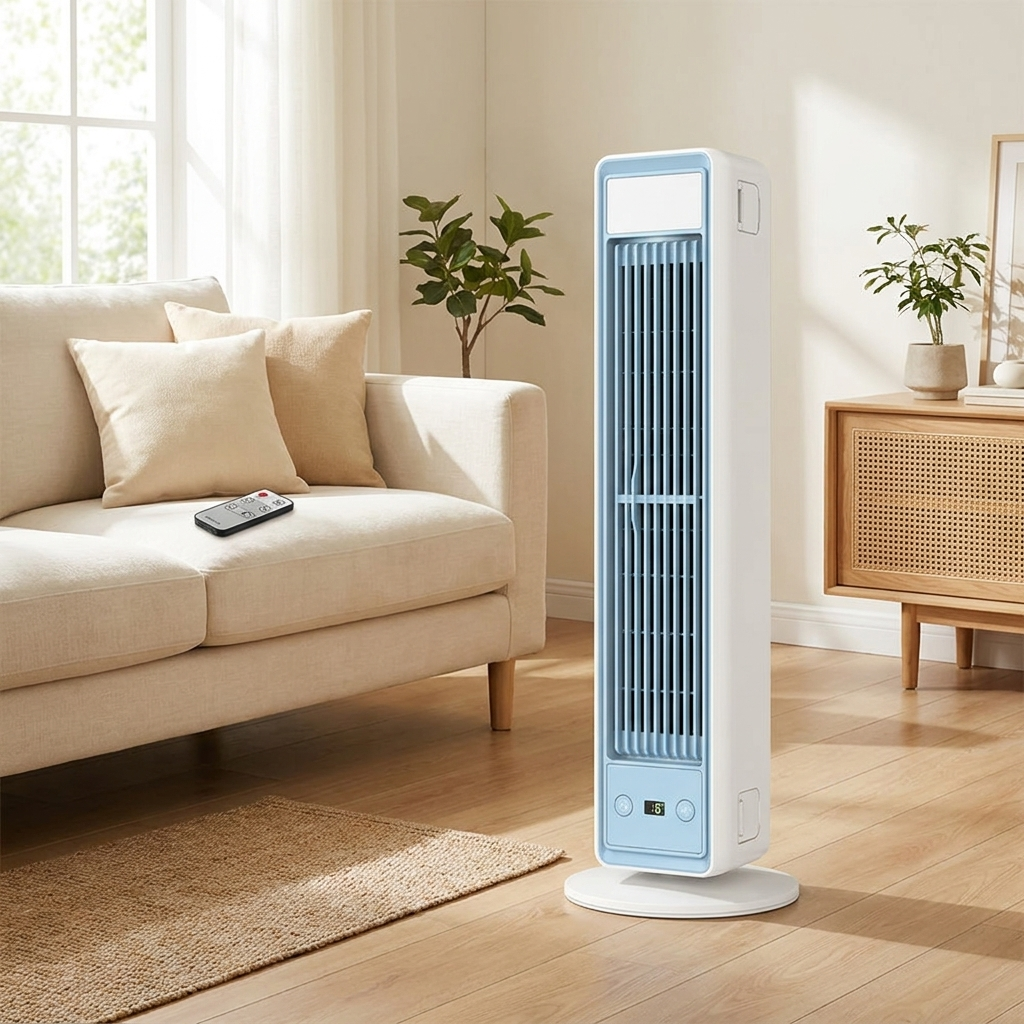 Portable tower fan in a bright living room