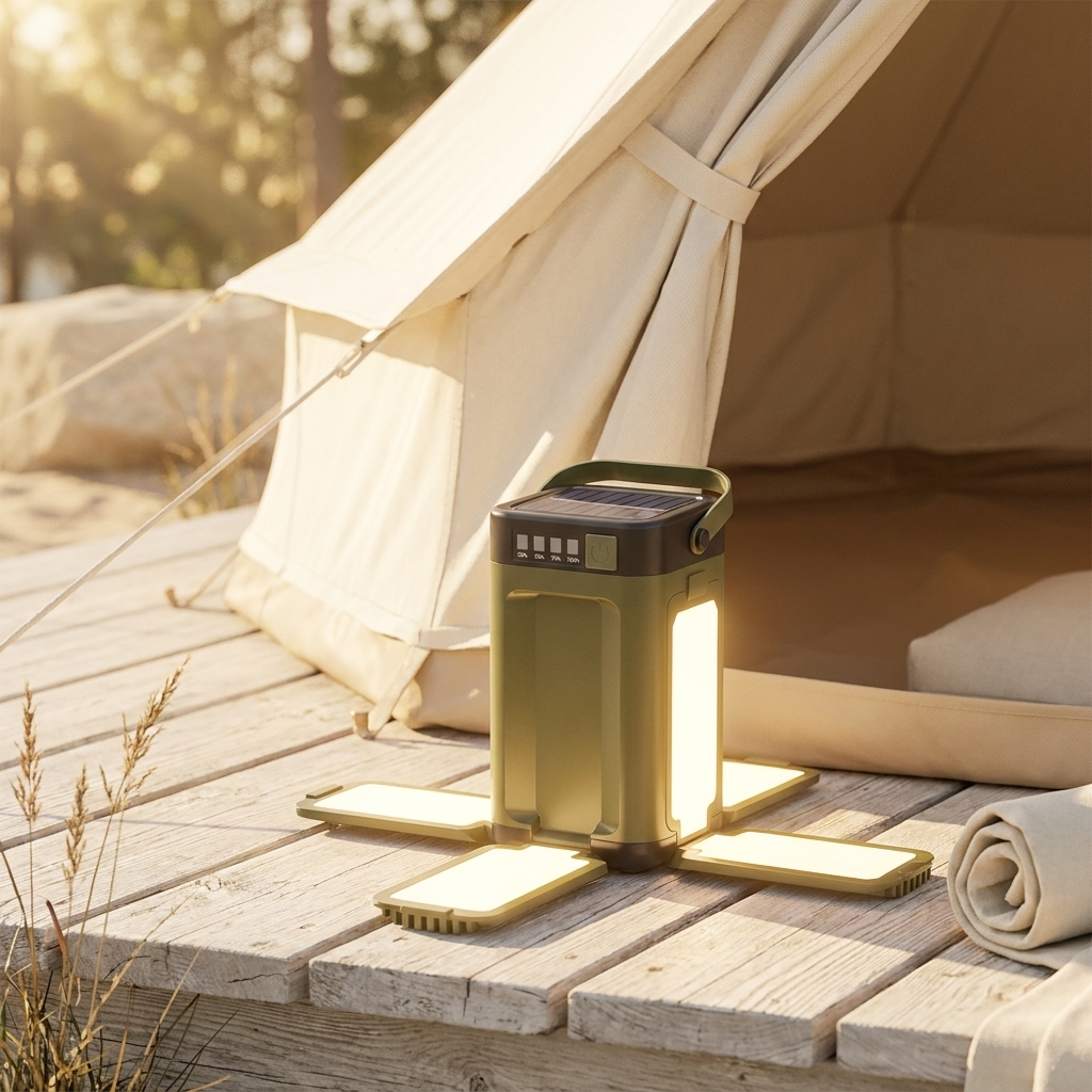 Solar camping lantern beside a tent at golden hour