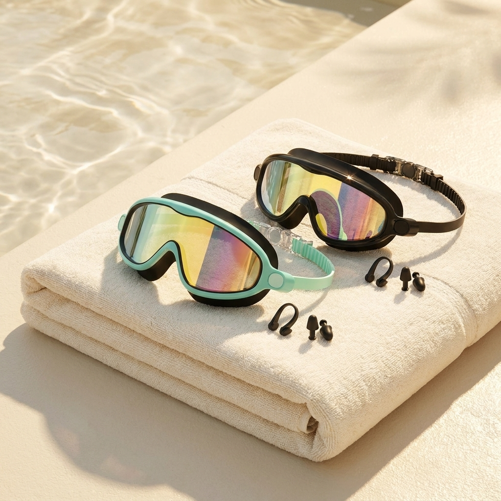 Kids anti-fog swim goggles on a towel poolside