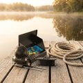 Underwater fishing camera on a lakeside dock