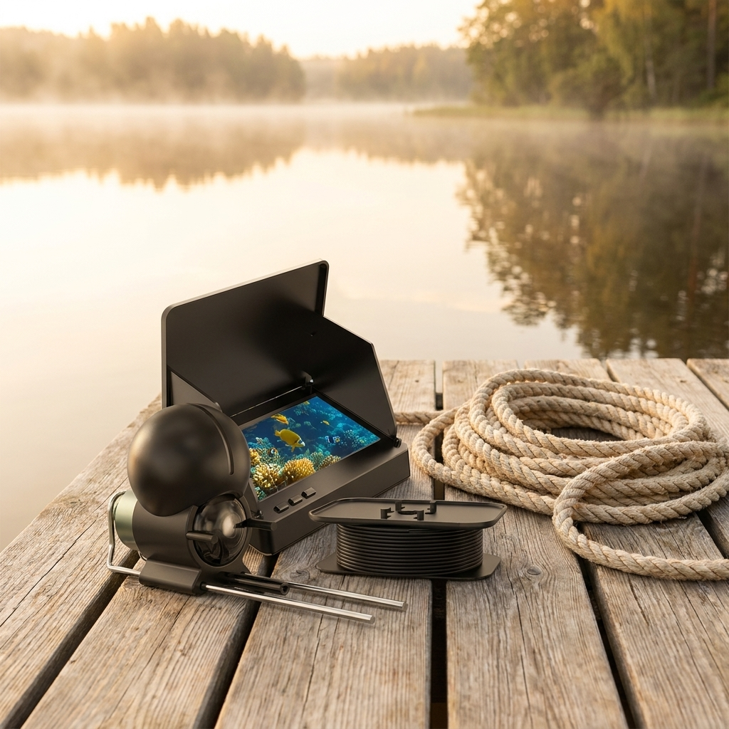Underwater fishing camera on a lakeside dock