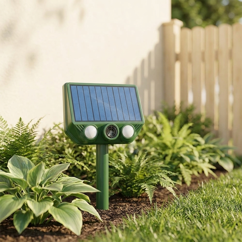 Solar animal repellent stake in a garden bed