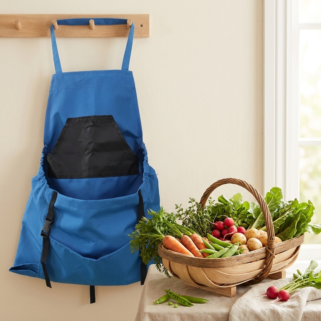 Harvest apron with pouch hanging in a garden