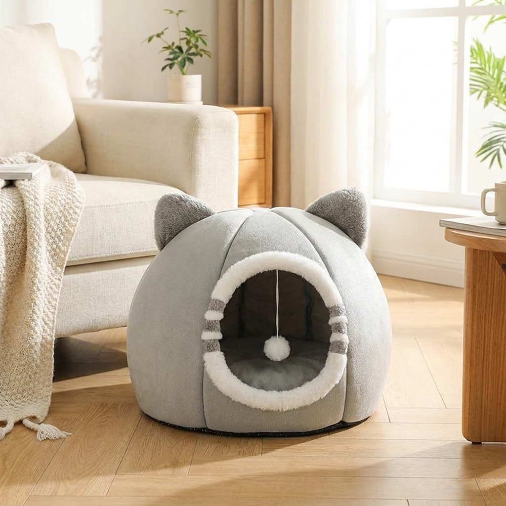 Plush cat cave bed in a bright living room