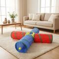 Foldable cat tunnel toy on a cream rug