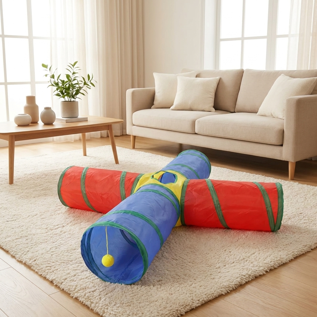 Foldable cat tunnel toy on a cream rug