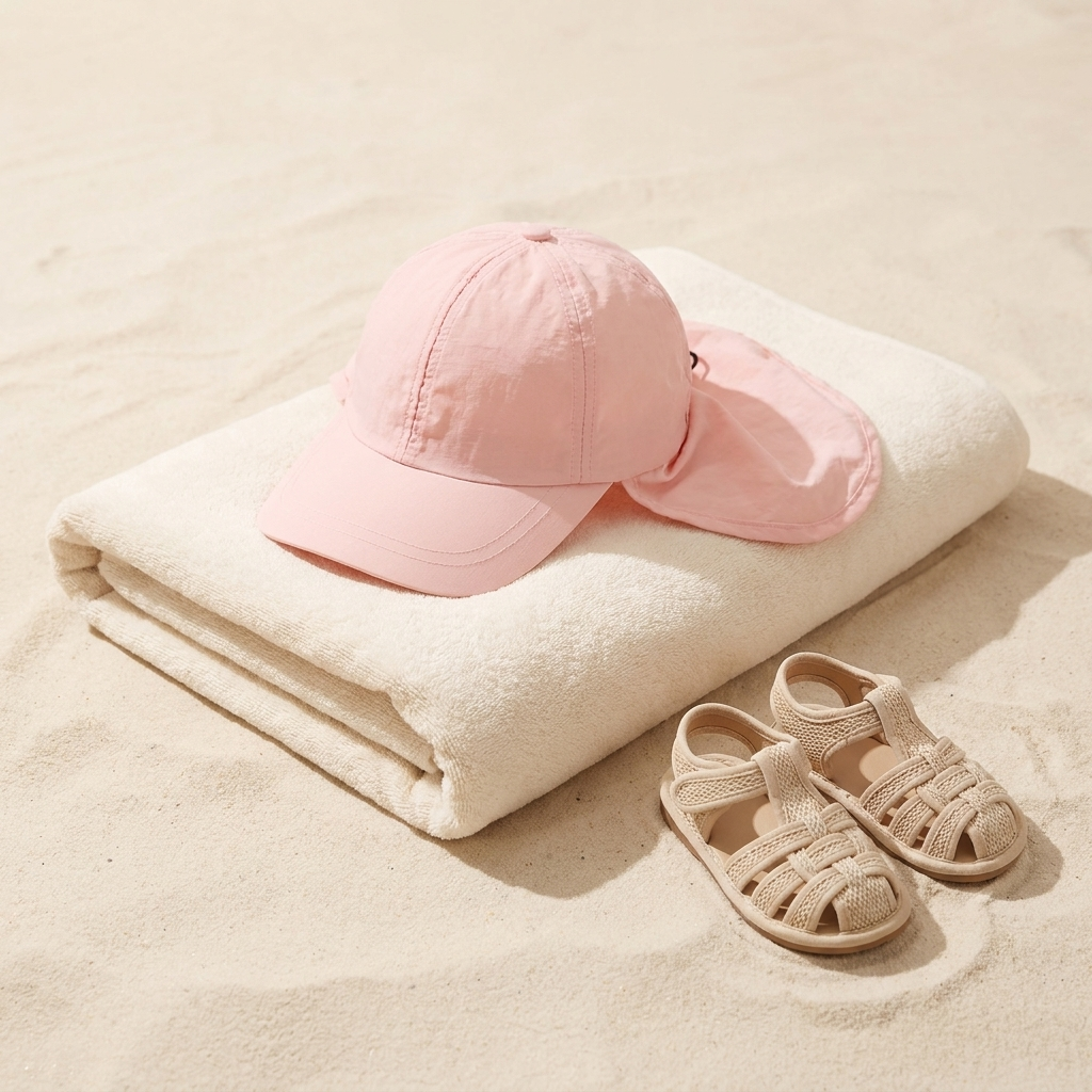 Kids UV bucket hat on a beach towel